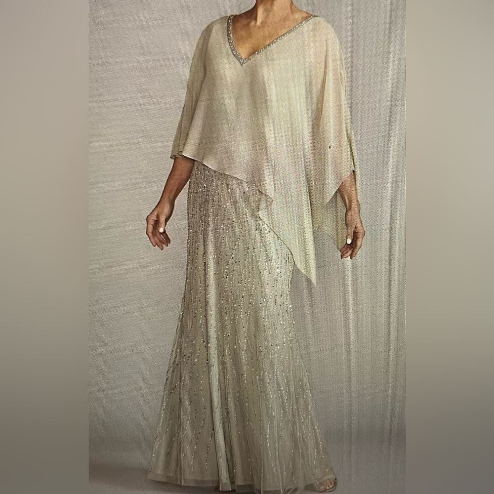 Formal Oleg Casini beaded v-neck sheath gown with chiffon caplet, size 14-16